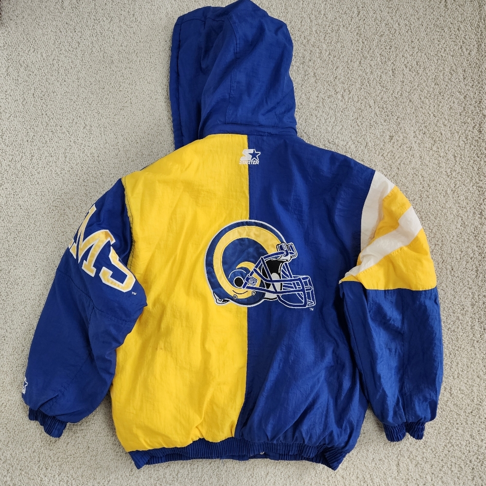 Vintage Starter Jacket Los Angeles Rams NFL LA Football Blue Mens Large Flawed